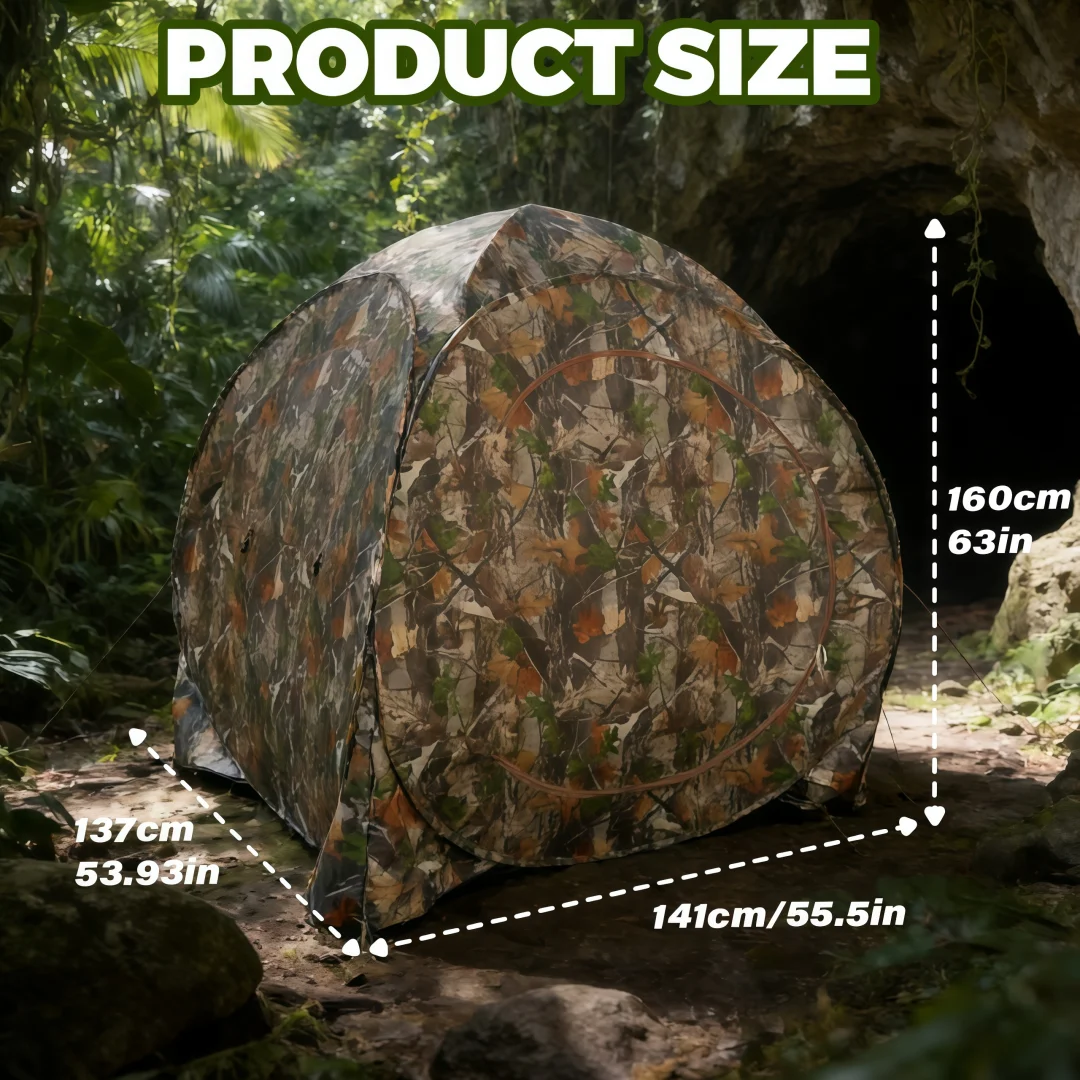 Camouflage pop-up hunting blind fully deployed in woodland setting